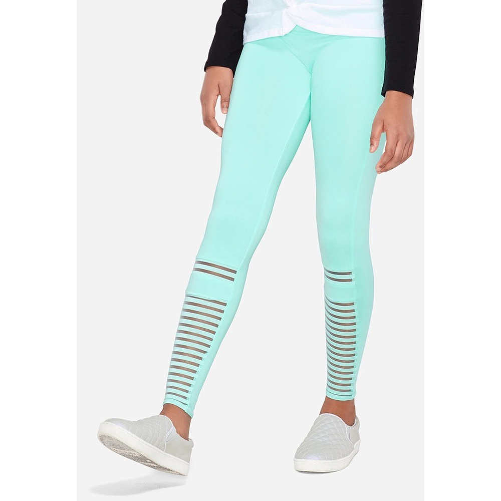 Girls Justice Mint Green Leggings Striped Transparent Mesh Detail Size 14-16